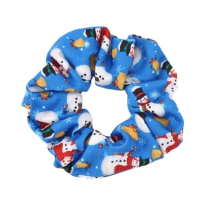Blue Christmas scrunchie featuring festive snowmen and golden bells pattern on elastic fabric
