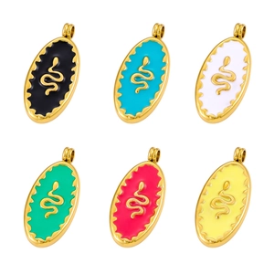 Detailed view of colorful oval enamel snake charms with golden wavy metal frames