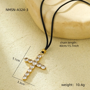 18K gold stainless steel cross pendant necklace with clear zircons on black rope chain
