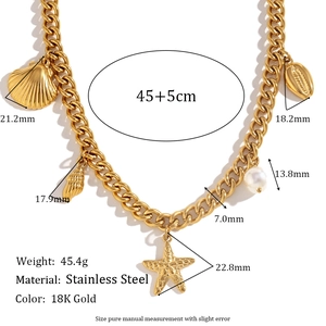 18K gold plated stainless steel ocean theme necklace with starfish and shell charms