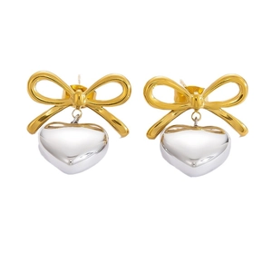 Two-tone gold and silver bow stud earrings with heart pendants in 18k plated steel