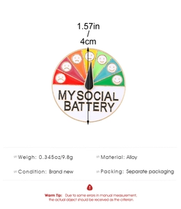 Detailed size and specification chart for the rotating metal mood social battery brooch