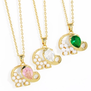 Cute Elephant Pendant Necklace Gold Plated Brass With Pear Shaped Zircon And Artificial Pearls Fashion Jewelry Gift For Women