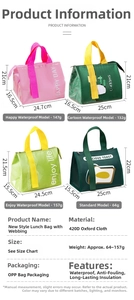 Detail view of 420D Oxford fabric insulated lunch bags in assorted colors and patterns