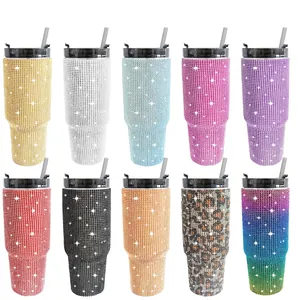Sparkling rhinestone 20/30oz insulated stainless steel tumblers with straws in 10 colors