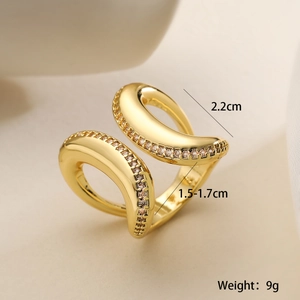Detail shot of 18K gold plated ring featuring dimensions and micro-pave diamond accents