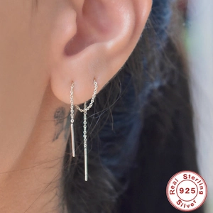 Elegant S925 sterling silver tassel drop earrings with long chain and diamond accents