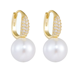 French style 925 silver pearl huggie earrings with gold plating and sparkling zircons