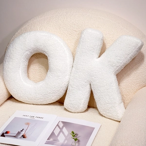 Creative white fluffy letter OK shaped pillows made of soft sherpa fleece for sofa decor