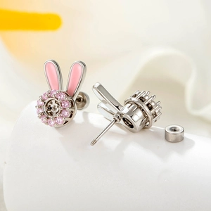 Rotating bunny screw back ear studs with pink enamel and crystals in stainless steel