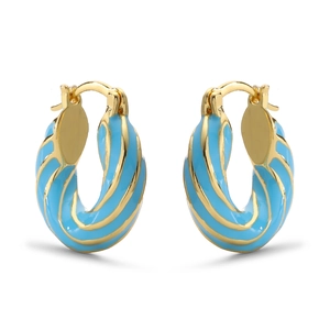 Golden twisted hoop earrings featuring vibrant sky blue enamel drip oil finish