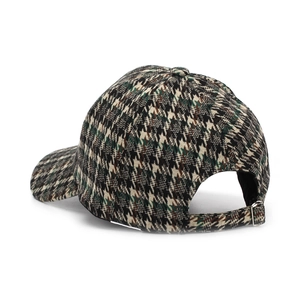 Close-up of houndstooth wool baseball cap back showing adjustable strap and silver metal buckle