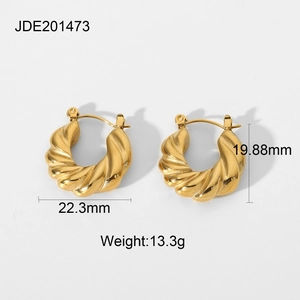 18k gold plated chunky croissant hoop earrings in twisted stainless steel with dimensions