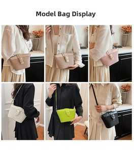 Detailed views of woven shoulder bags in various colors with elegant golden buckle detail