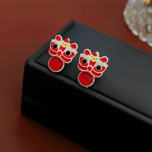 Traditional Chinese Style Lion Dance Firecracker Drop Earrings Enamel Alloy With Silver Earring Post Red Tassel Ethnic Jewelry Women