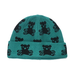 Detailed knit texture of seafoam green beanie with black bear patterns and folded brim
