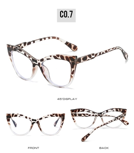 Detailed views of leopard print cat eye glasses frames with clear lower rim design