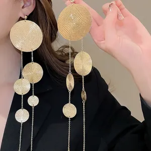 Hammered Round Metal Long Tassel Drop Earrings With 925 Sterling Silver Earring Post Exaggerated Statement For Women