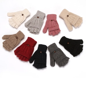 Multiple colors of knitted flip-top gloves arranged in a circle on a white background