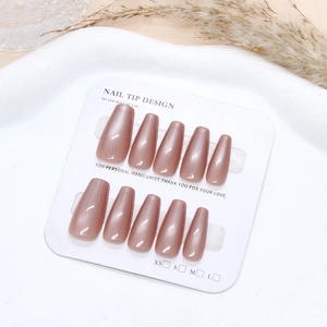 Cat eye plum brown press-on nails set with champagne pink pearl finish and display card