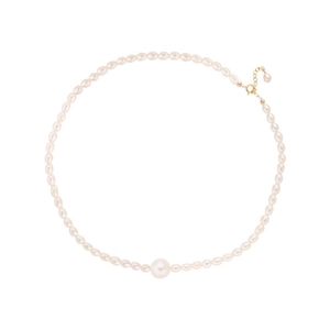 Elegant white freshwater pearl necklace with golden metal clasp on white background