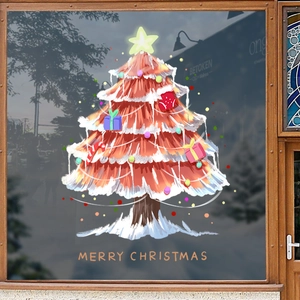 Red Christmas tree window stickers with Merry Christmas greeting for glass door decor