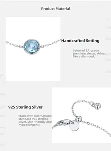 Détail d'un bracelet en argent S925 avec zircon bleu clair et perle de réglage ronde