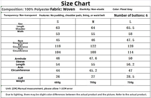 Detailed size chart for gray casual stand collar jacket with polyester fabric specs