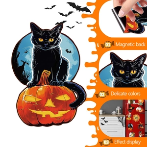 Halloween cat on pumpkin magnetic sticker showing magnetic back and delicate color details