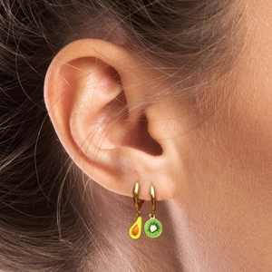 S925 silver needle fruit earrings featuring avocado and kiwi charms on gold hoops