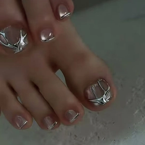 Press On Toe Nails With 3D Silver Liquid Metal Design Pink Cat Eye Glitter ABS Square False Nails For Women