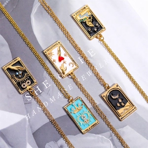 Gold-plated tarot card necklaces with colorful enamel pendants and zircon accents