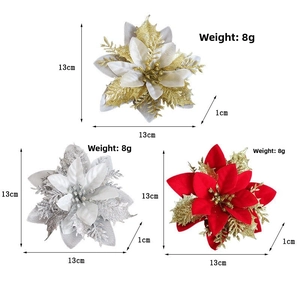 Three 13cm artificial Christmas flowers in gold, silver, and red with glitter detailing