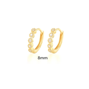 Detail view of 8mm gold-plated S925 silver hoop earrings with five clear zircon flowers