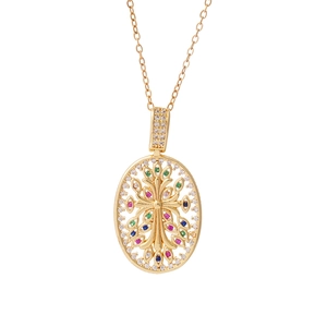 Elegant gold plated cross pendant necklace with colorful cubic zirconia in an oval frame