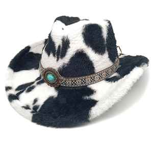 Chapeau de cowboy imprimé vache en fausse fourrure avec bande ethnique et turquoise