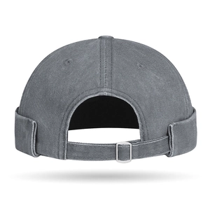 Vintage washed gray distressed brimless docker hat with adjustable metal buckle strap