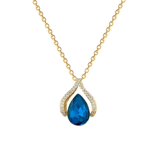 Luxurious gold-plated titanium steel necklace with a pear-cut blue crystal pendant
