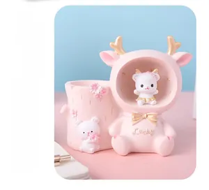Pink deer night light and stump pen holder desk organizer for kids room decor