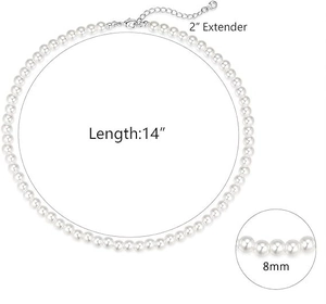 Detailed size chart of 8mm pearl necklace featuring 14 inch length with 2 inch extender