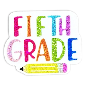Macro detail of Fifth Grade glitter patches featuring colorful sequins and pencil design