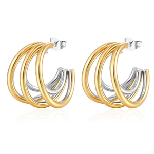 Fashionable layered C-shape earrings in mixed 18K gold and silver stainless steel finish