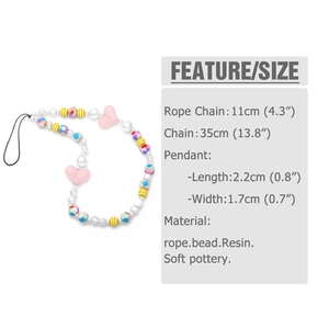 Bijou de téléphone perles colorées avec pendentifs cœurs roses et perles en résine