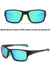 Detail view of model C6 sports sunglasses with matte black frames and green mirrored lenses