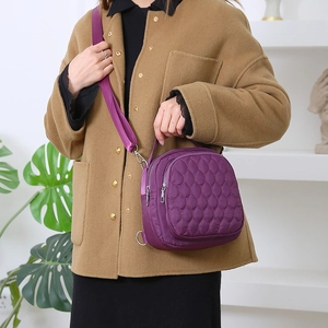 Waterproof purple nylon crossbody bag with quilted diamond pattern for women