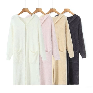 Women long hooded plush cardigan in four colors with large pockets and soft texture