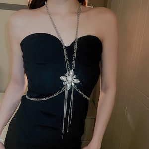 Detailed silver body chain with pearl rhinestone cross pendant and tassel fringes