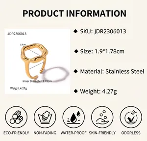 Detailed view of an 18K gold plated irregular lava wave ring with size measurements