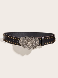 Detail of black punk leather belt with silver double heart buckles and gold studs