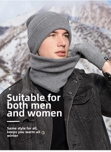 Outdoor shot of grey winter knitted hat, neck warmer, and gloves set on a model